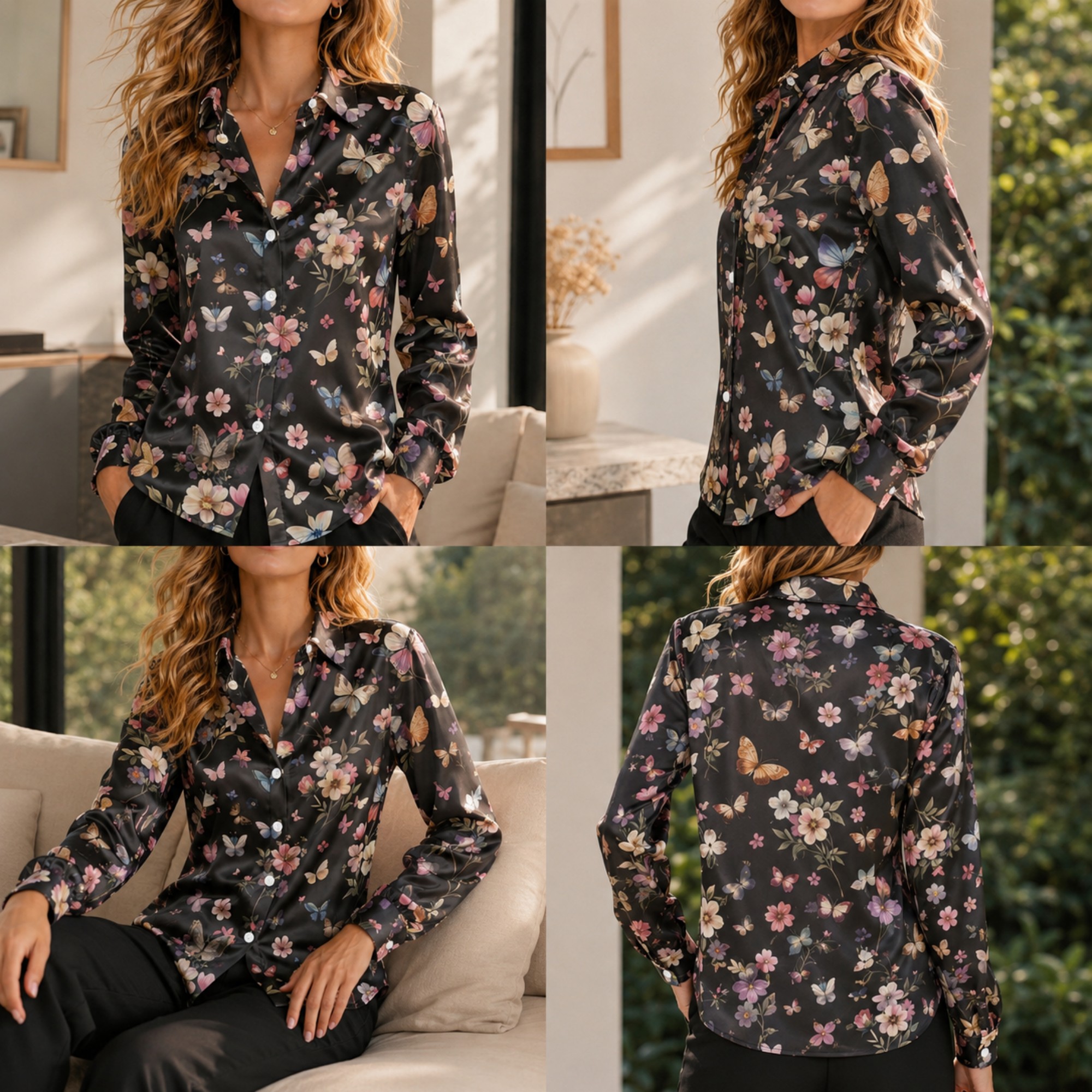 Women'S Fashion Tops - Women Loose Satin Shirt Long Sleeve