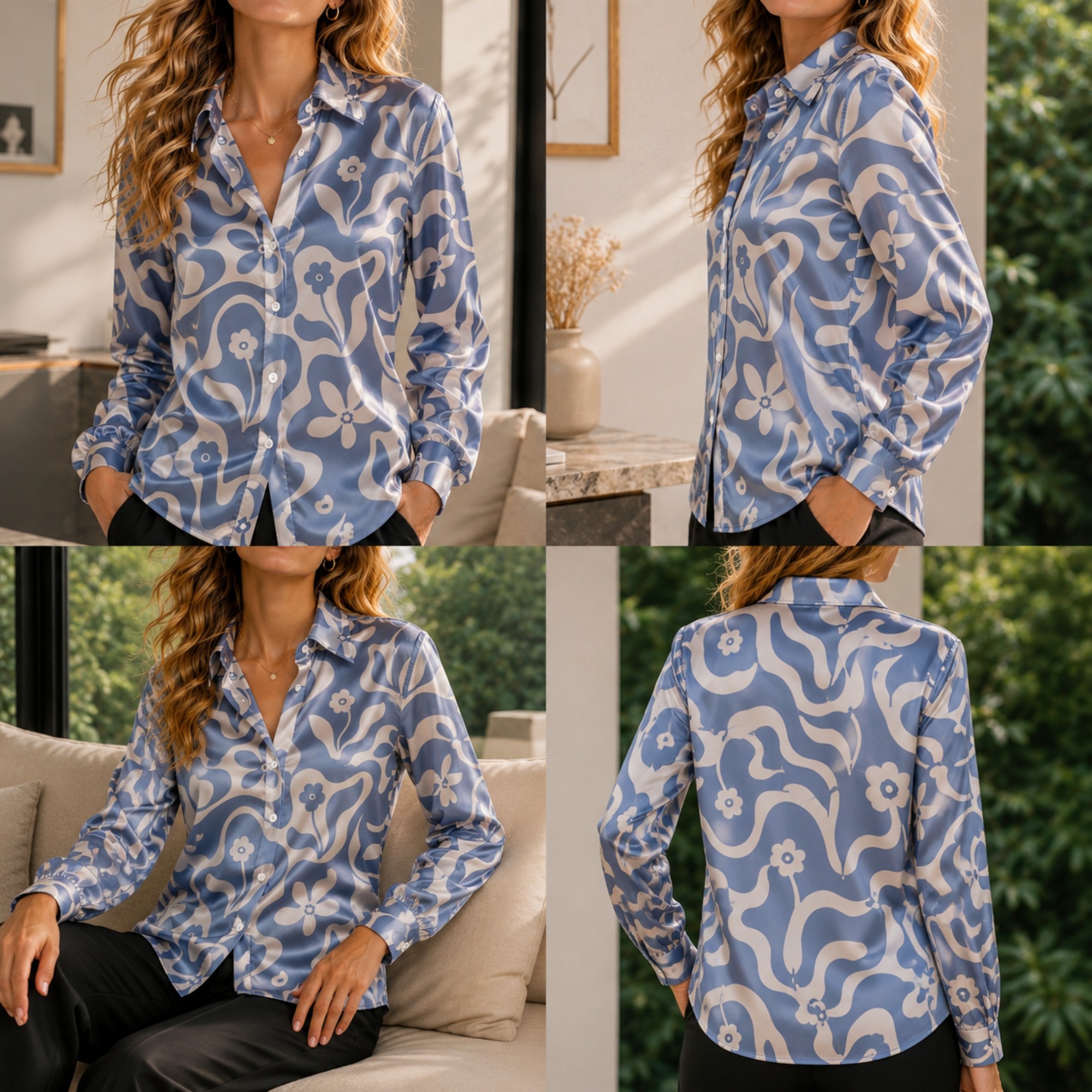 Women'S Fashion Tops - Women Green Satin Blouse White Floral