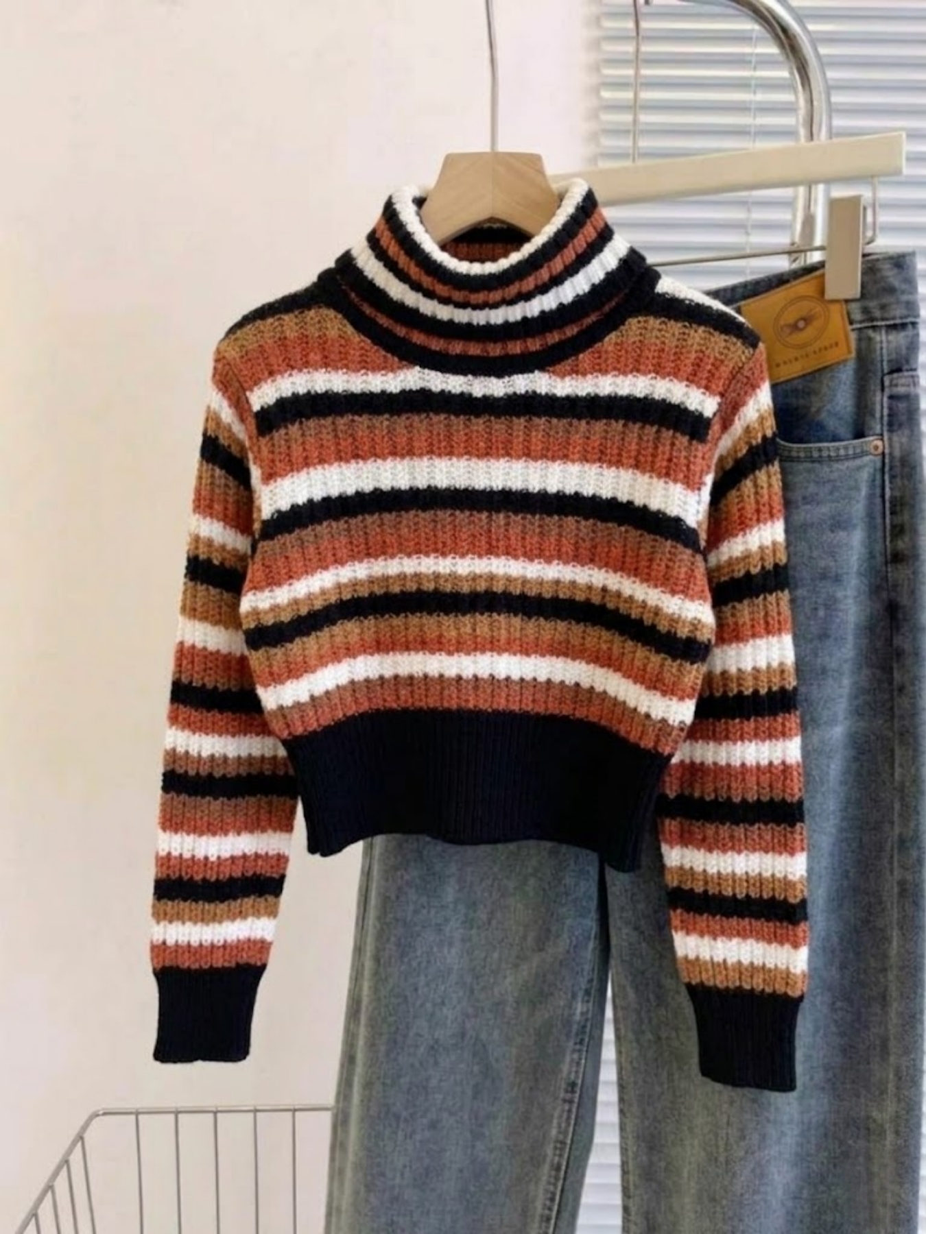 Ribbed Knit Sweater - Slimming Striped Turtleneck Knit Top Ribbed