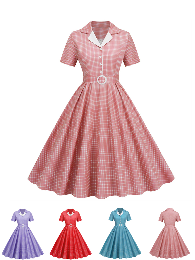 Women'S Fashion From The 60S - Plaid Vintage Office Lady Summer Dresses