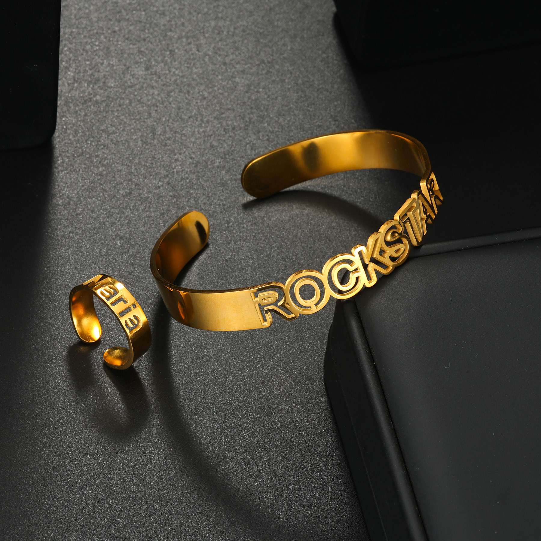 Women'S Fashion Rings Gold - Diamon Customized Hollow Name Ring Bangle
