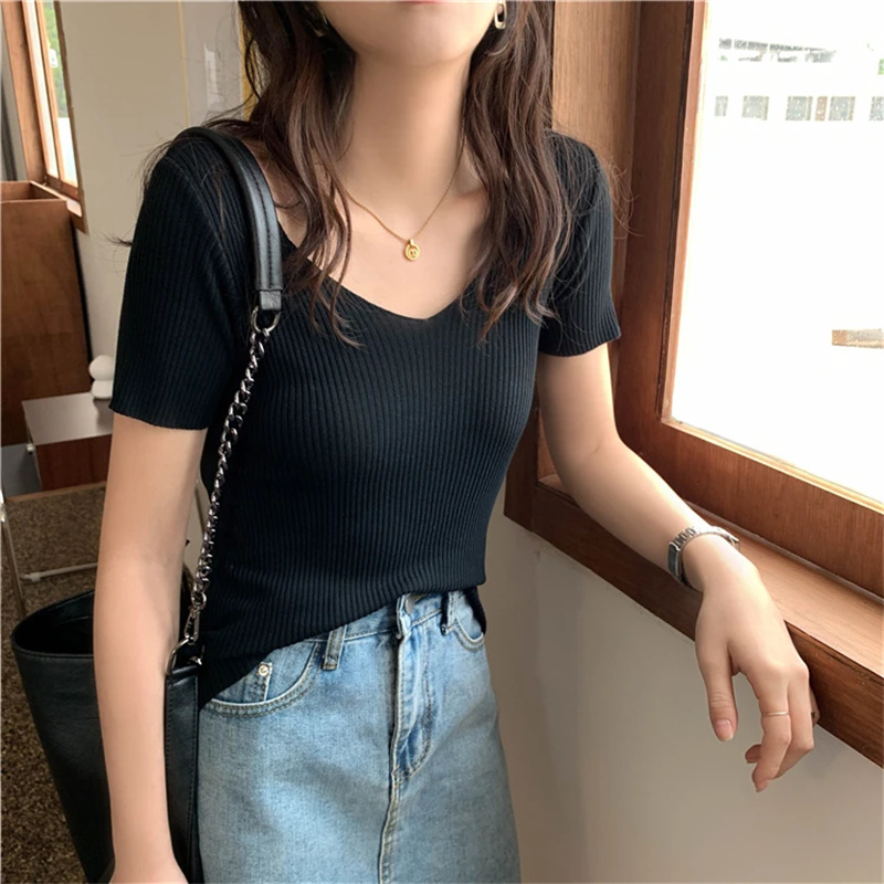 Basic V-neck Solid Thin Summer - Ribbed Knit Sweater avis et prix