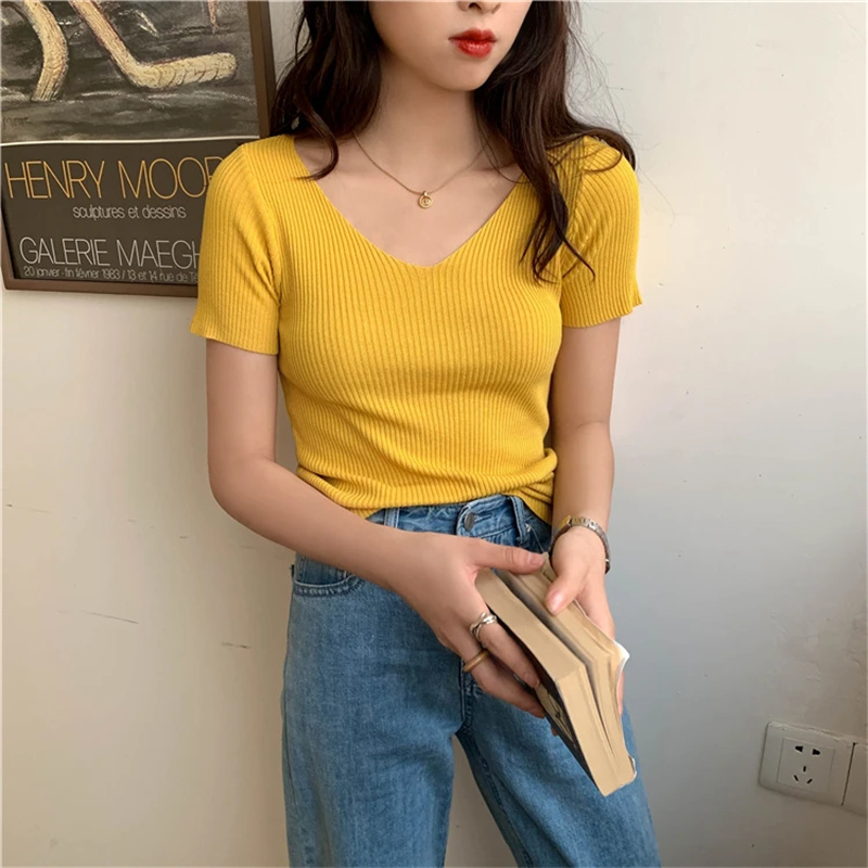 Basic V-neck Solid Thin Summer - Ribbed Knit Sweater avis et prix