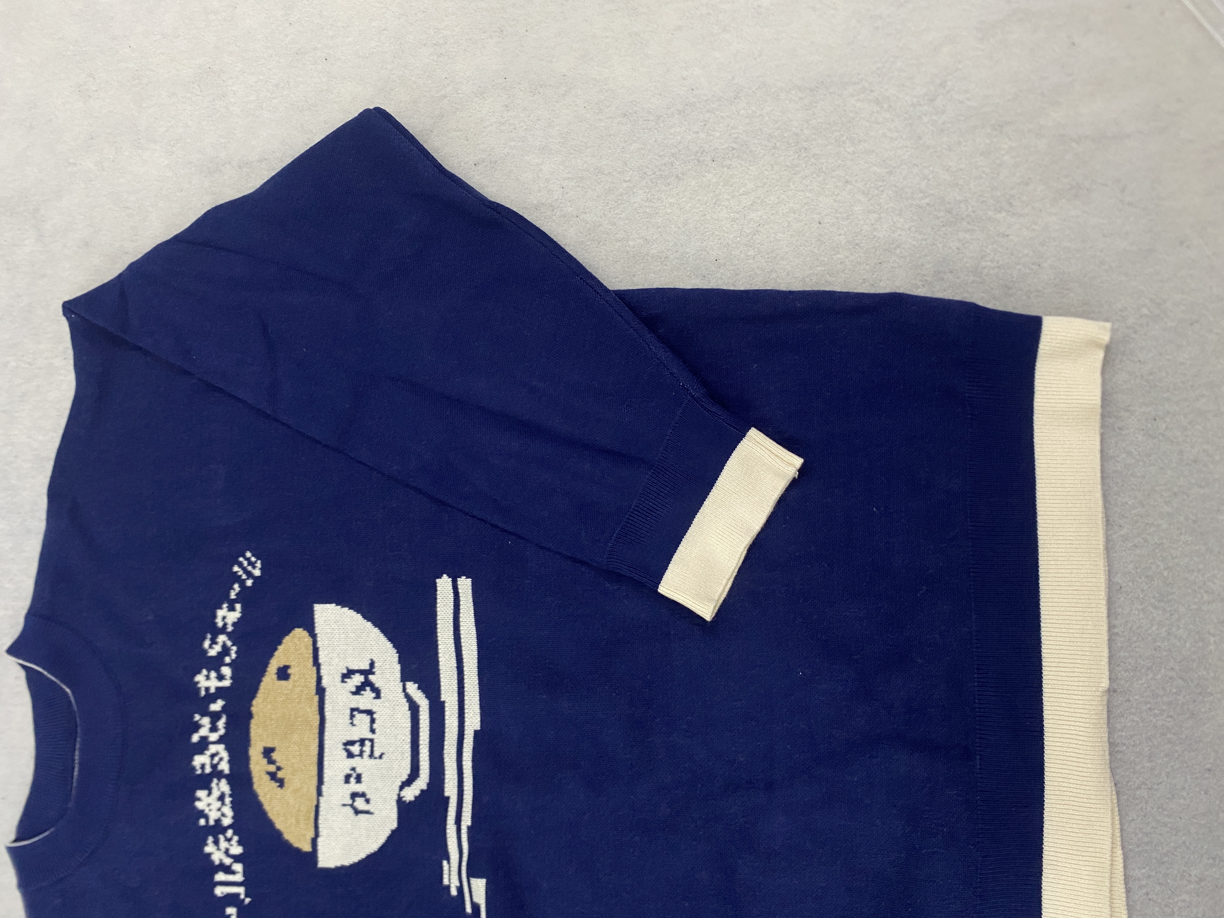 Navy Blue Contrast Cream Rib C - Ribbed Knit Sweater avis et prix