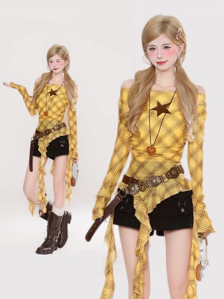 Y2K Plaid Slash Neck Vintage T - Women'S Fashion Tops avis et prix