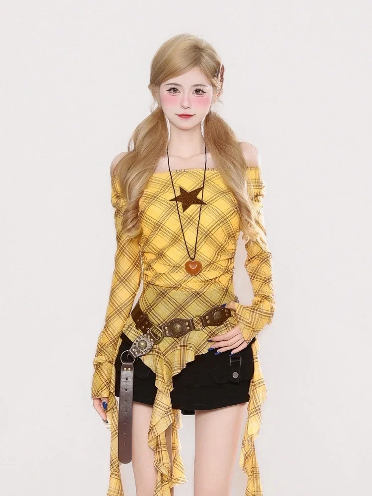 Y2K Plaid Slash Neck Vintage T - Women'S Fashion Tops avis et prix
