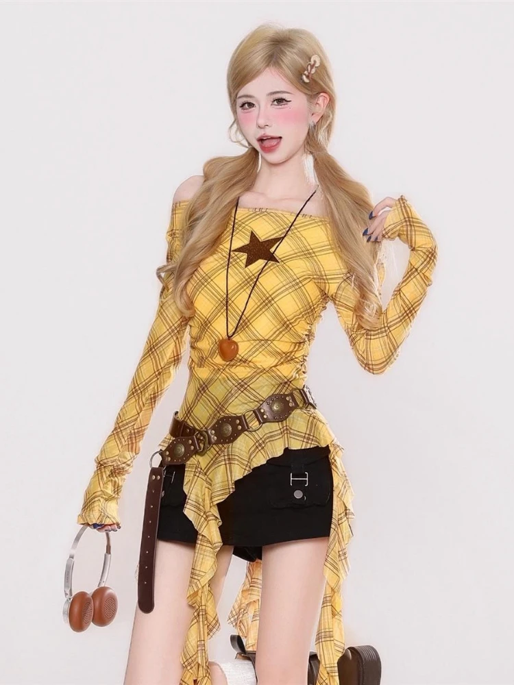 Y2K Plaid Slash Neck Vintage T - Women'S Fashion Tops avis et prix