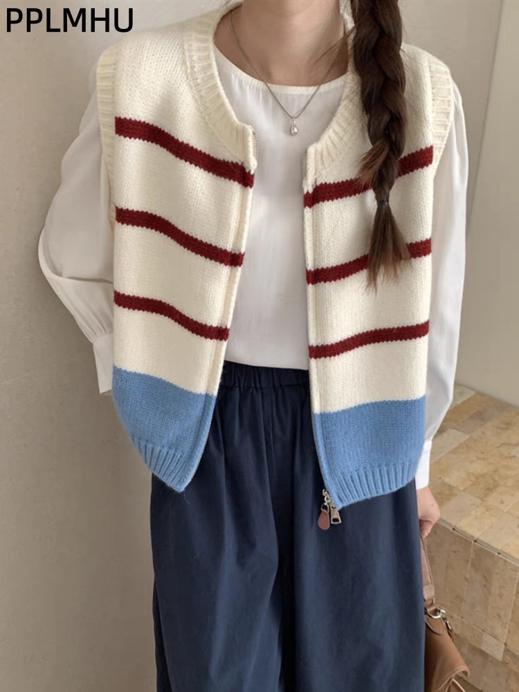 Striped Zipper Cardigan Knitte - Women'S Fashion Gilet avis et prix
