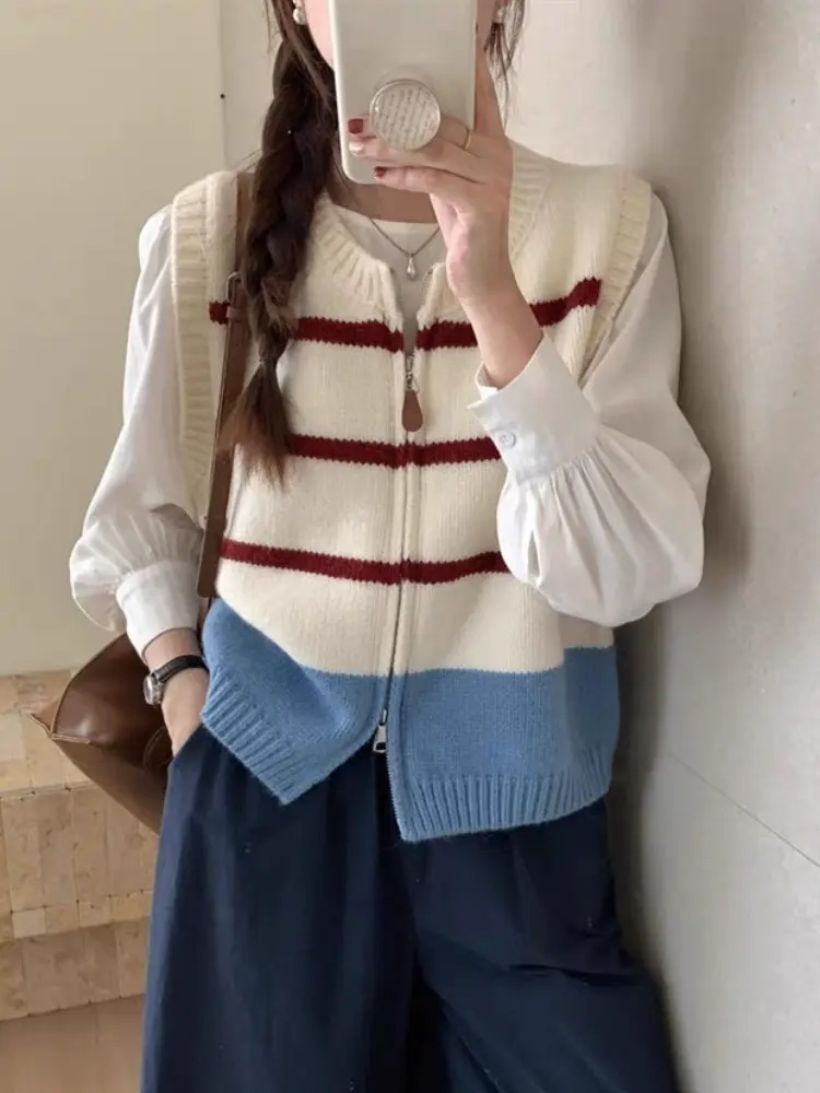 Striped Zipper Cardigan Knitte - Women'S Fashion Gilet avis et prix