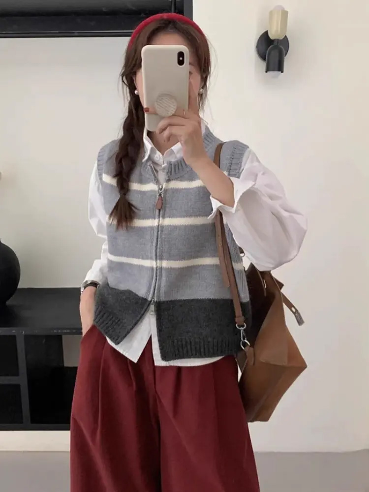 Striped Zipper Cardigan Knitte - Women'S Fashion Gilet avis et prix