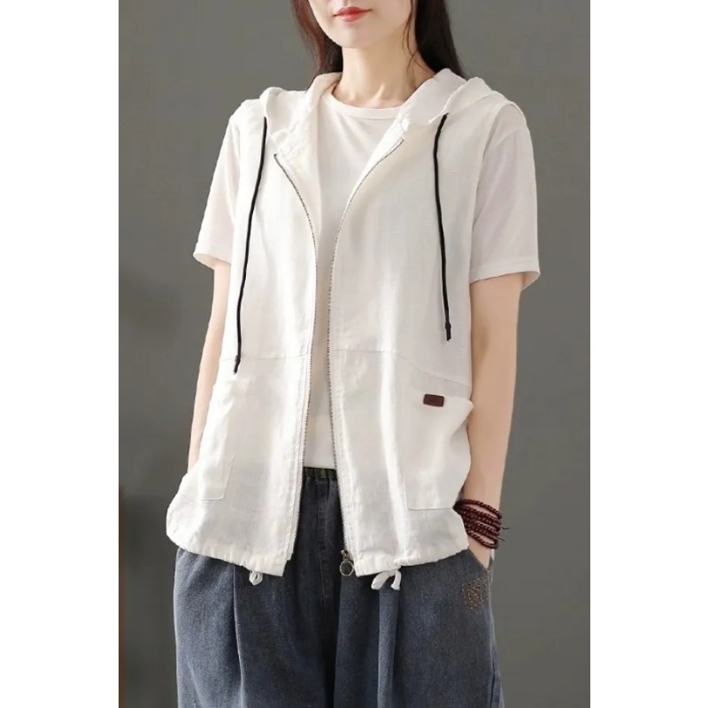 Womens White Linen Blend Hoode - Women'S Fashion Gilet avis et prix