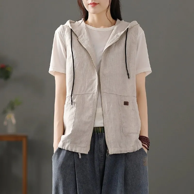 Womens White Linen Blend Hoode - Women'S Fashion Gilet avis et prix