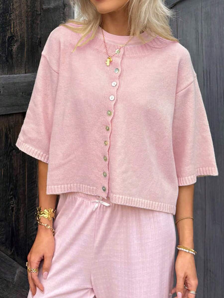 Women Short Sleeve Cropped Car - Ribbed Knit Sweater avis et prix