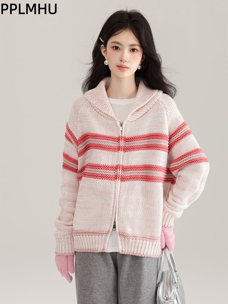 Turn-Down Collar Striped Knitt - Women'S Fashion Gilet avis et prix