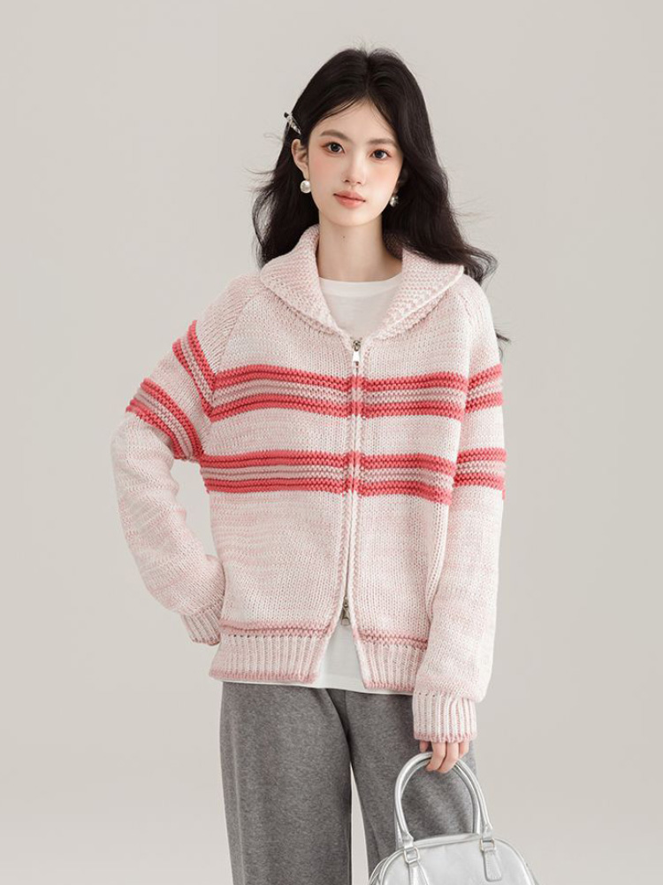 Turn-Down Collar Striped Knitt - Women'S Fashion Gilet avis et prix