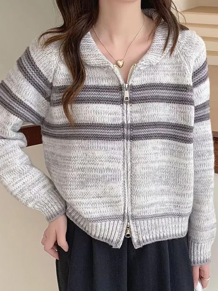 Turn-Down Collar Striped Knitt - Women'S Fashion Gilet avis et prix