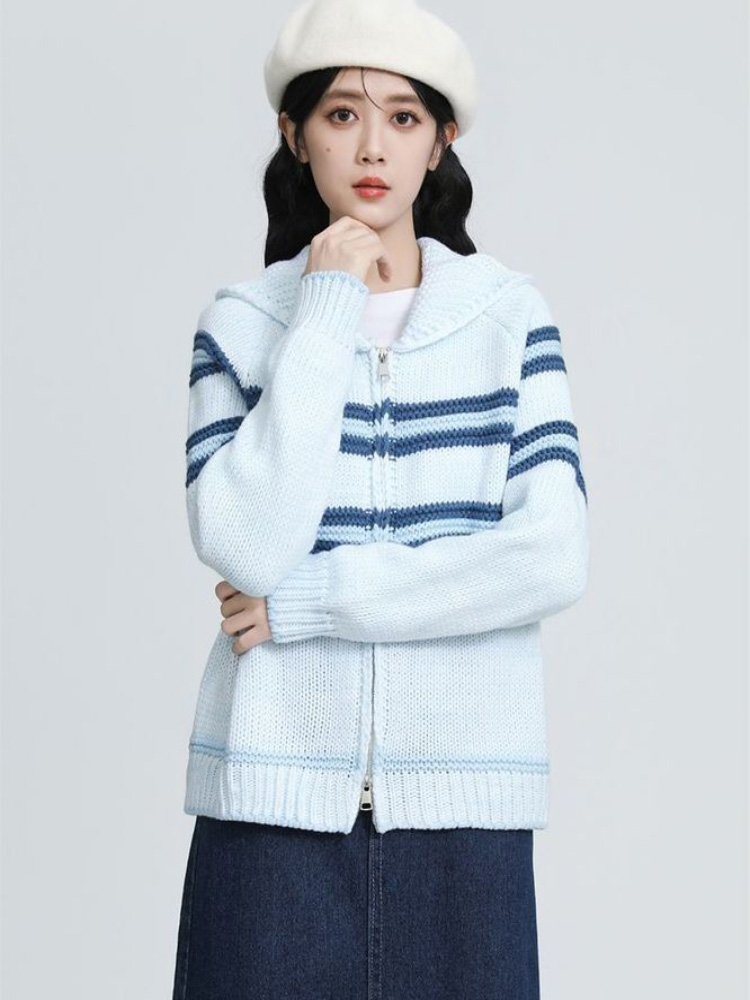 Turn-Down Collar Striped Knitt - Women'S Fashion Gilet avis et prix