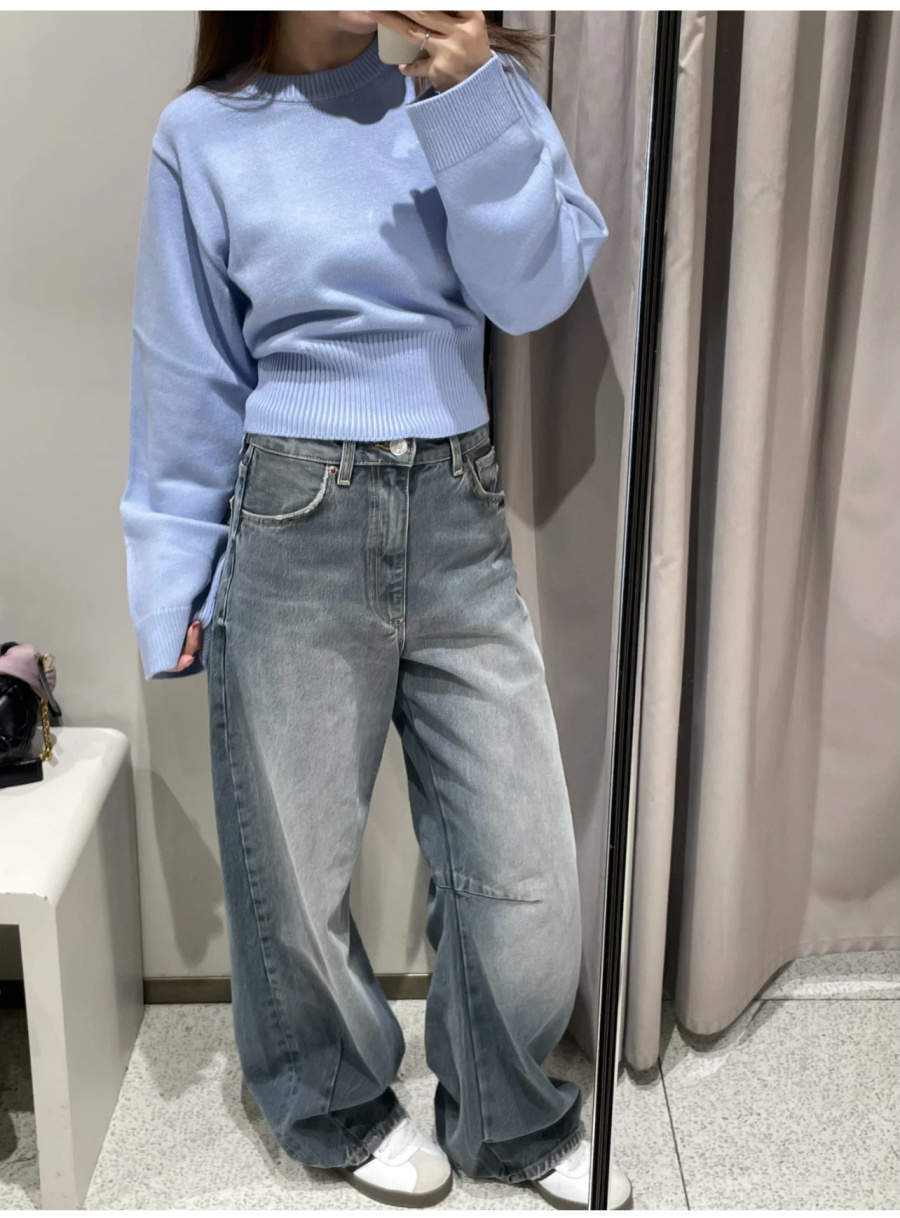 Loose sleeve round neck knitte - Ribbed Knit Sweater avis et prix